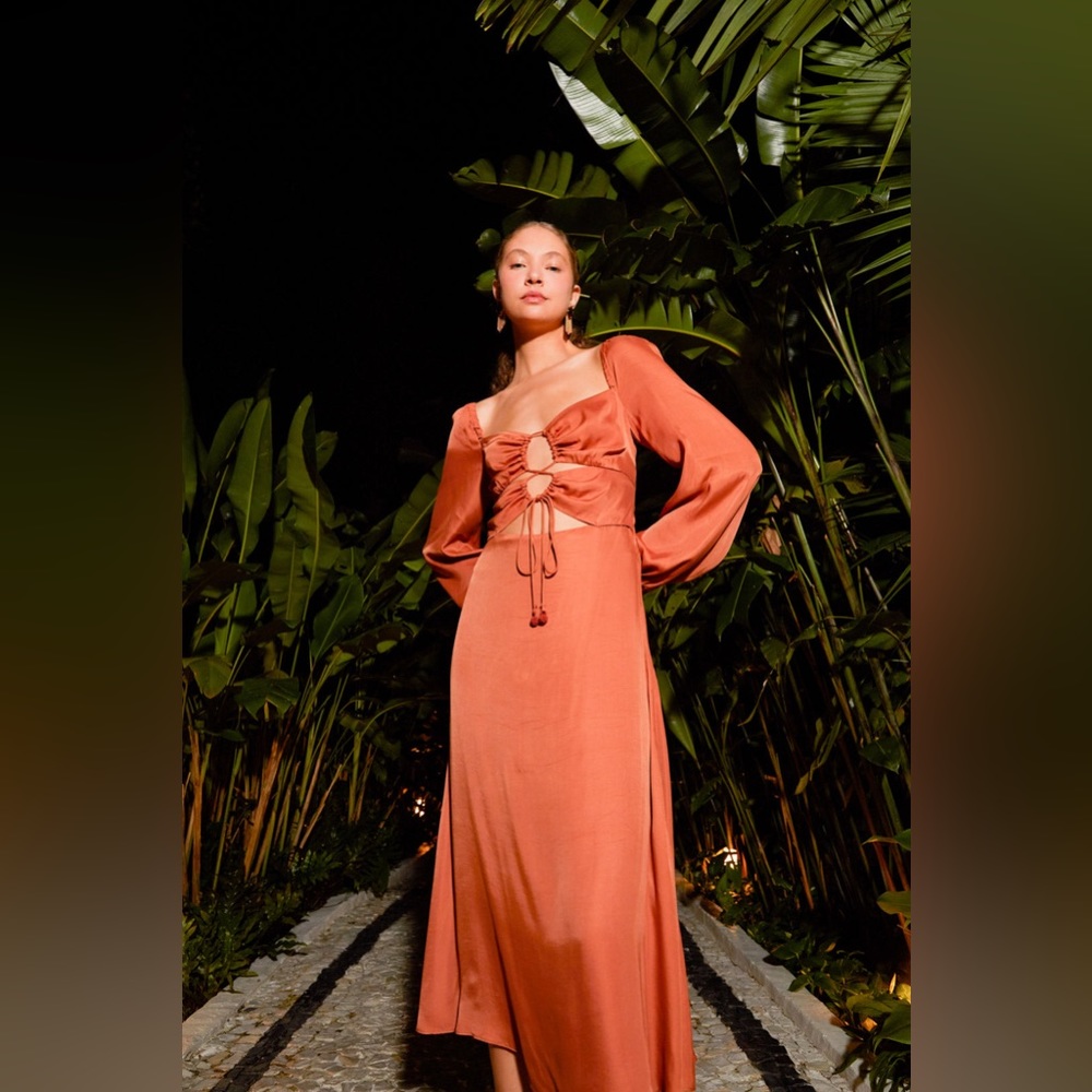 Farm Rio- Caramel Cut Out Maxi Dress In Orange Size-L